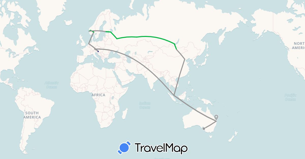 TravelMap itinerary: driving, bus, plane in Austria, Australia, China, Germany, Finland, Mongolia, Netherlands, Norway, Russia, Singapore, Slovenia (Asia, Europe, Oceania)